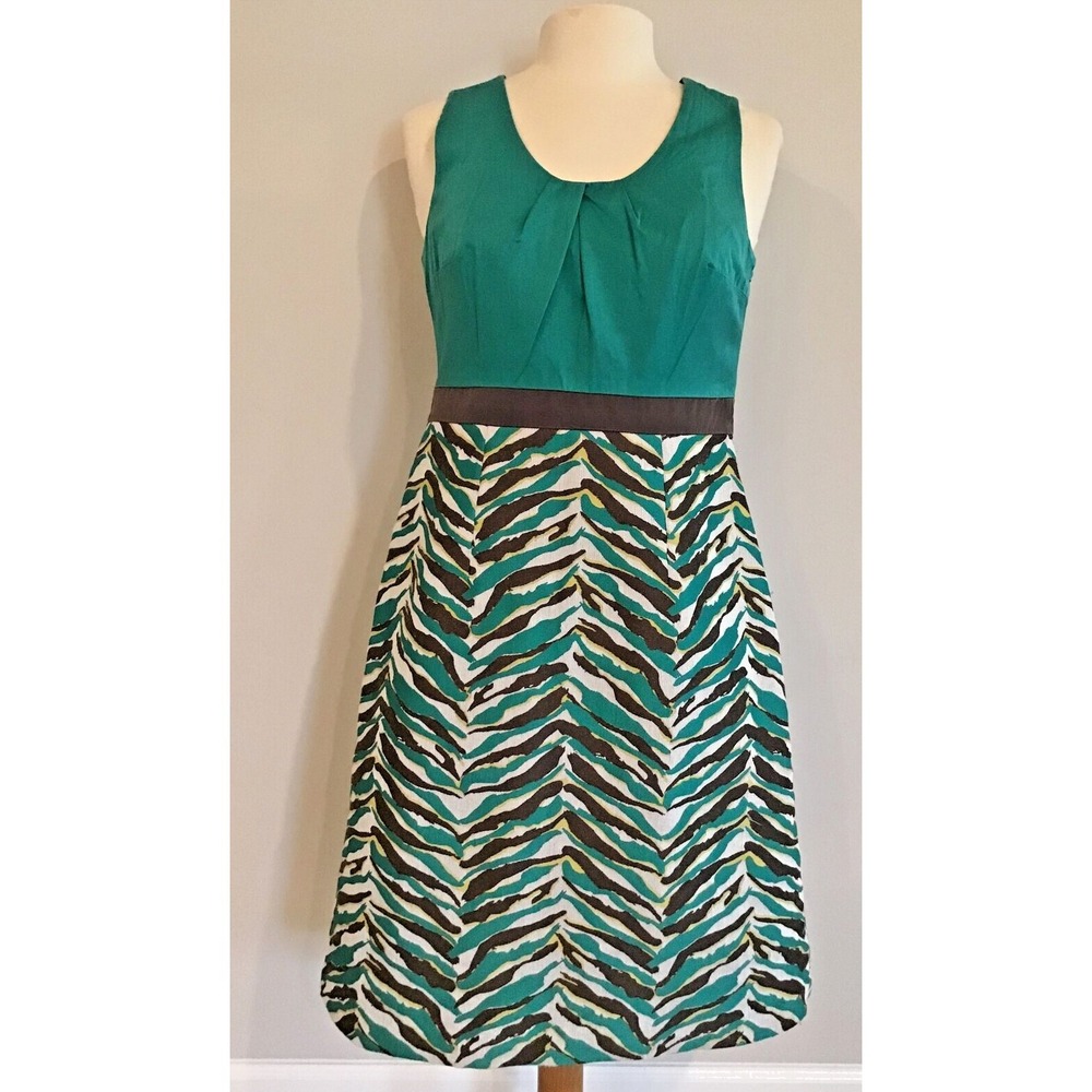 Merona Dress Women's 2 Sleeveless Green Brown Animal Print BalletCore Lined Knee